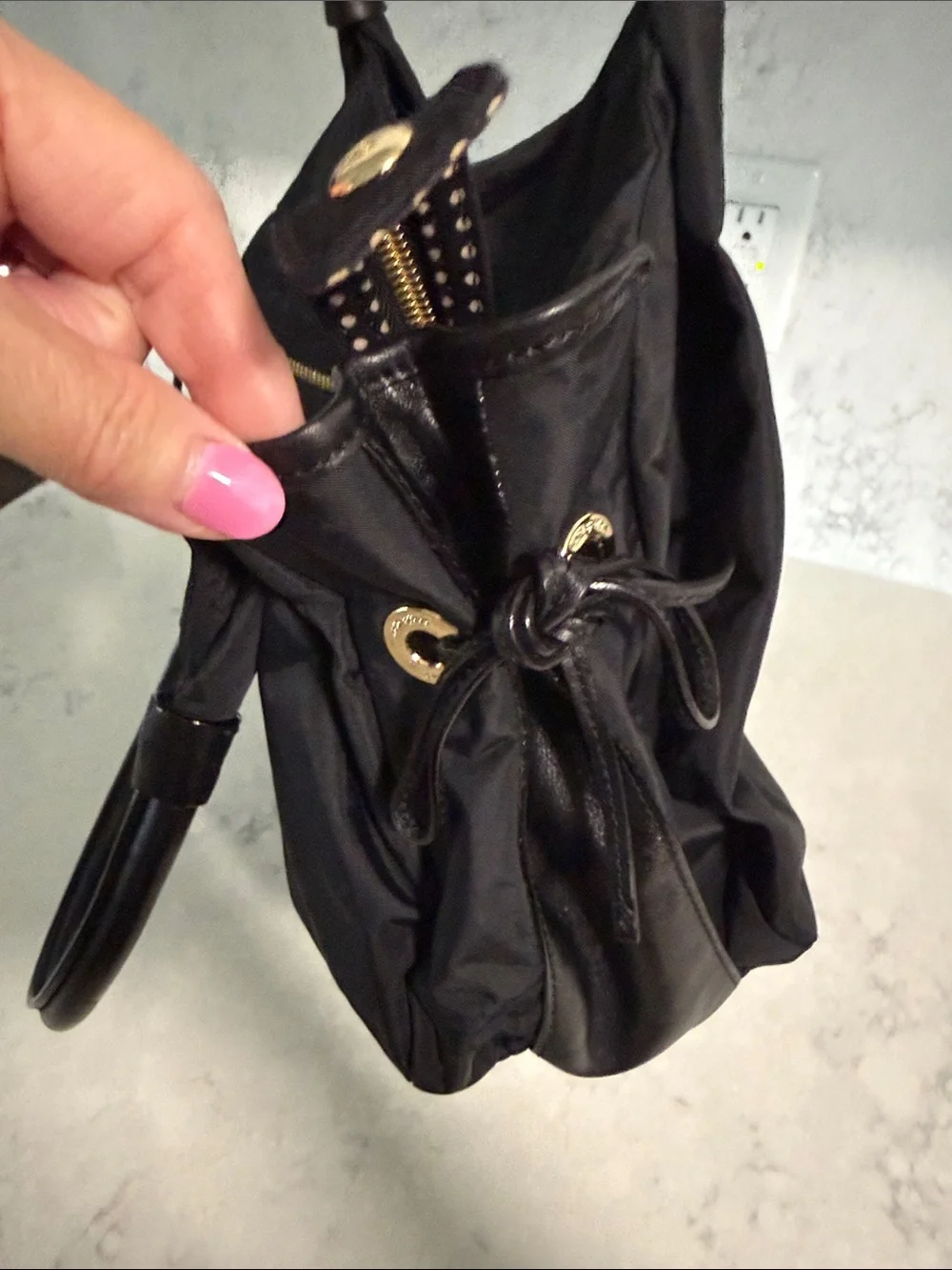 kate spade Black Nylon Shoulder Bag with Gold-Tone Plaque & Polka Dot Lining